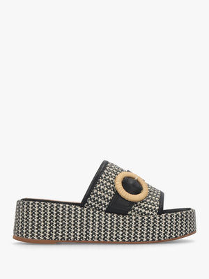 Jono Black Monogram Woven Raffia Flatform Mules