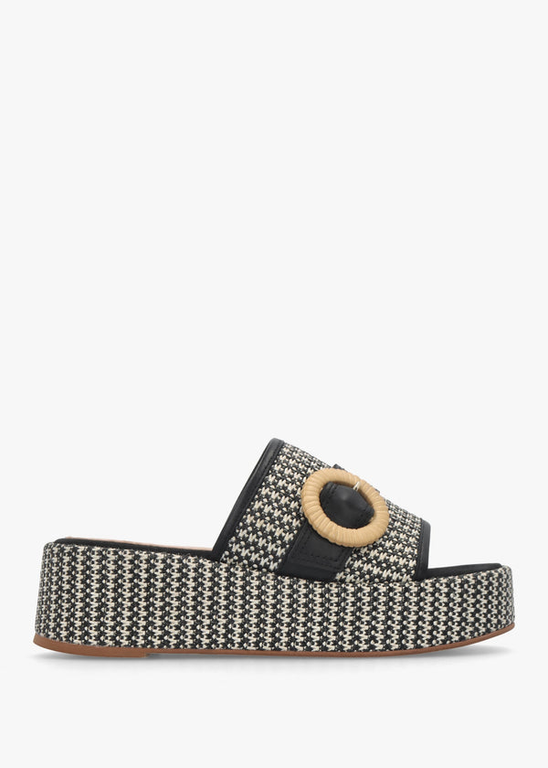 Jono Black Monogram Woven Raffia Flatform Mules