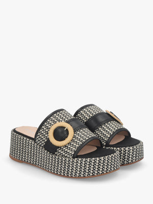 Jono Black Monogram Woven Raffia Flatform Mules