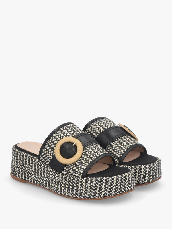 Jono Black Monogram Woven Raffia Flatform Mules