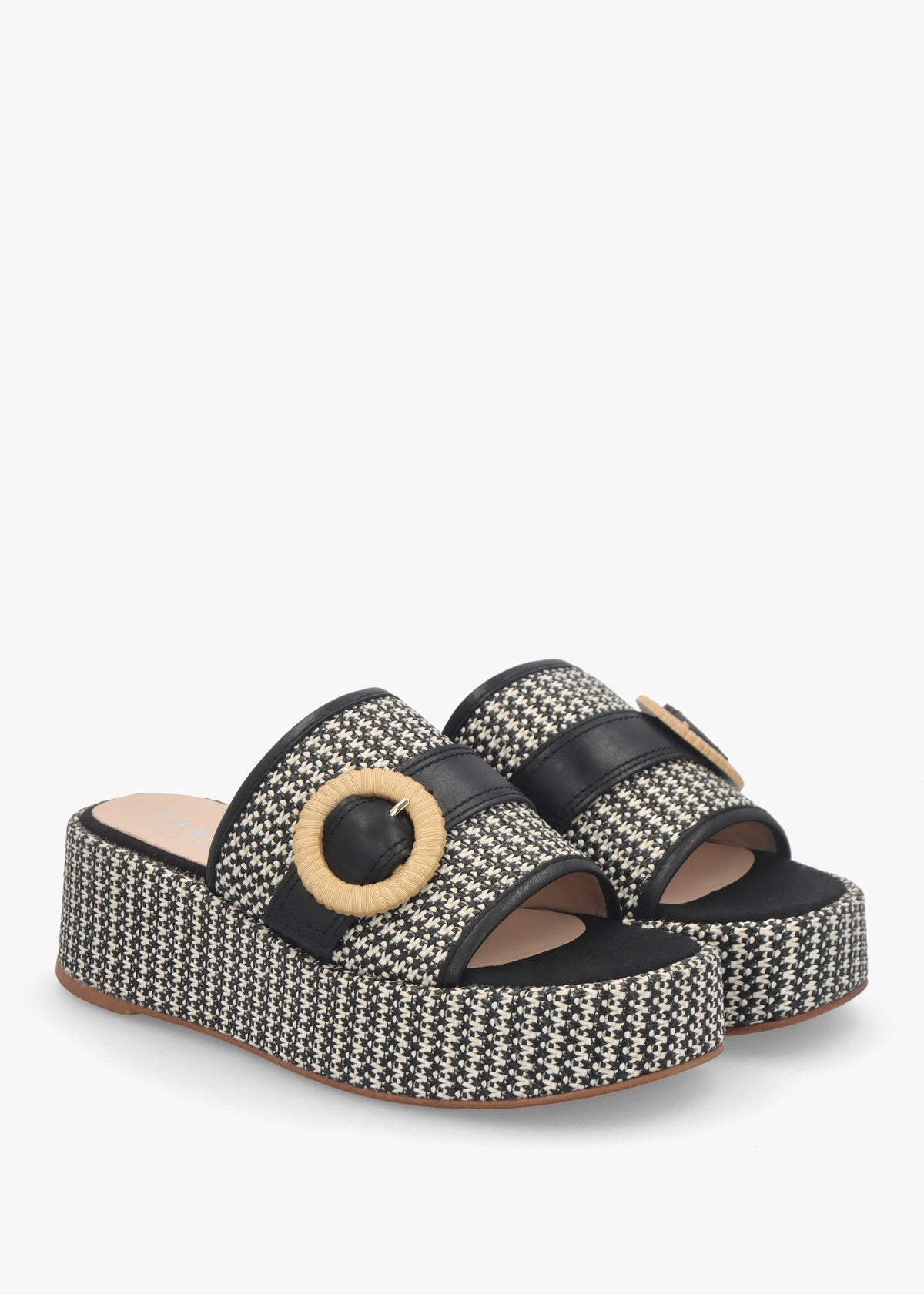 Jono Black Monogram Woven Raffia Flatform Mules