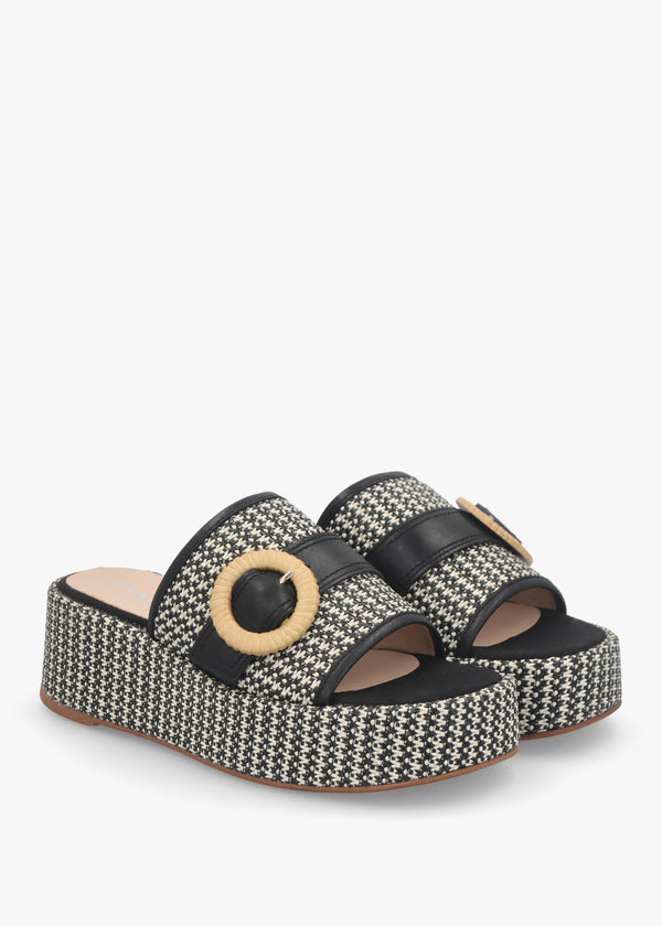 Jono Black Monogram Woven Raffia Flatform Mules