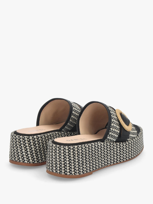 Jono Black Monogram Woven Raffia Flatform Mules