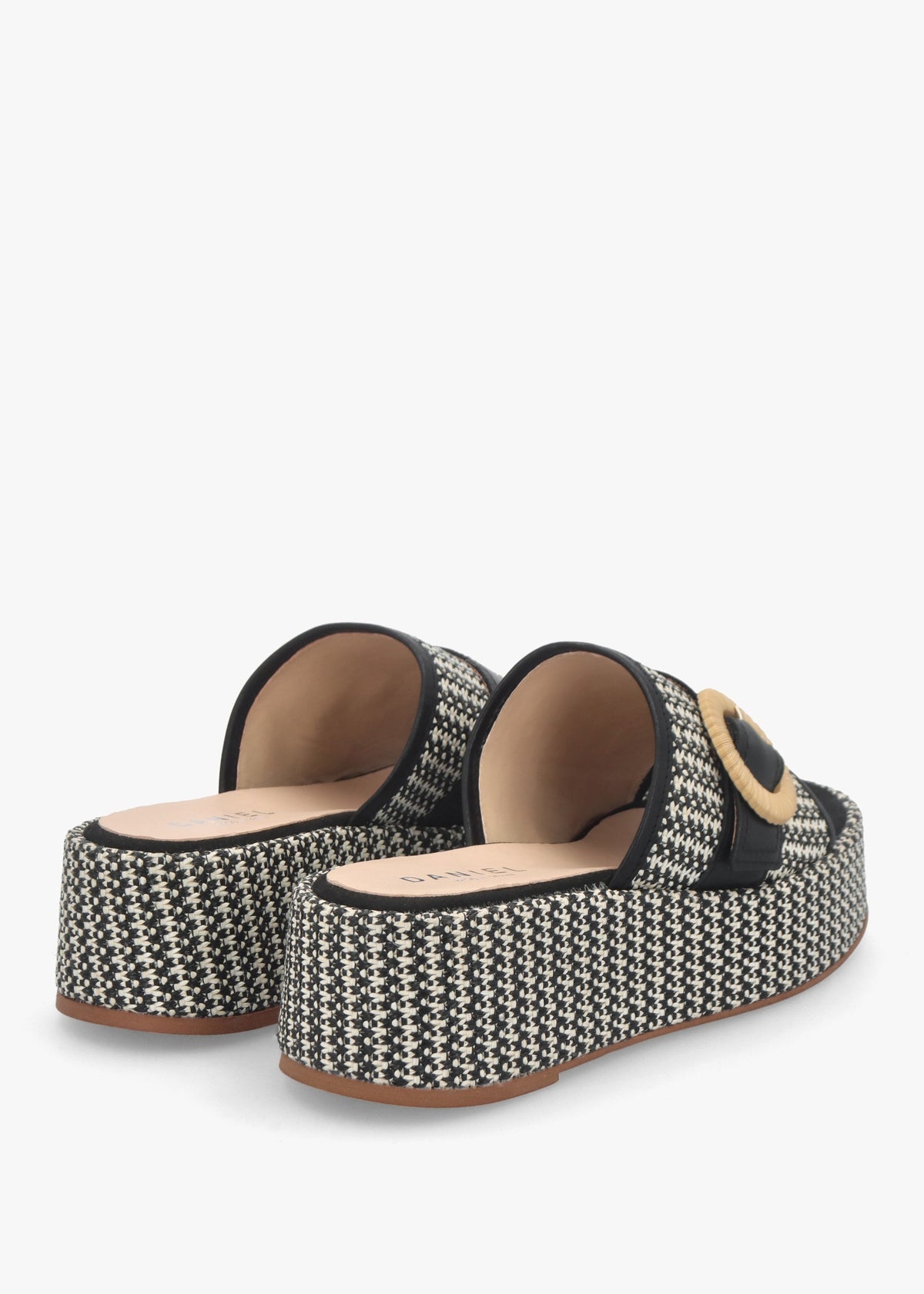Jono Black Monogram Woven Raffia Flatform Mules