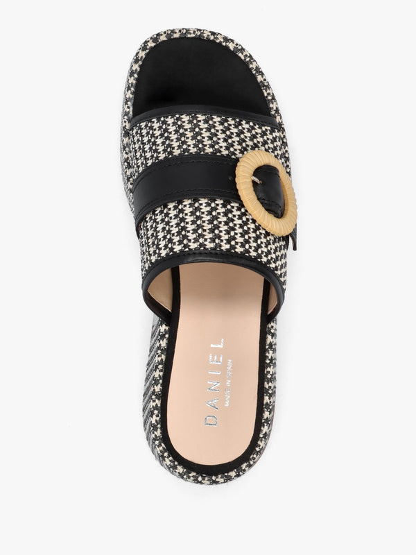 Jono Black Monogram Woven Raffia Flatform Mules