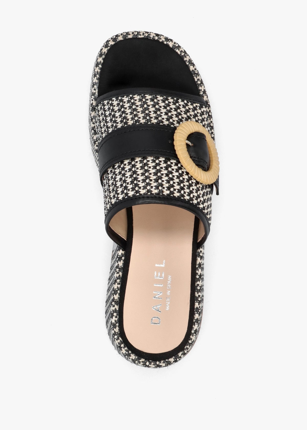 Jono Black Monogram Woven Raffia Flatform Mules