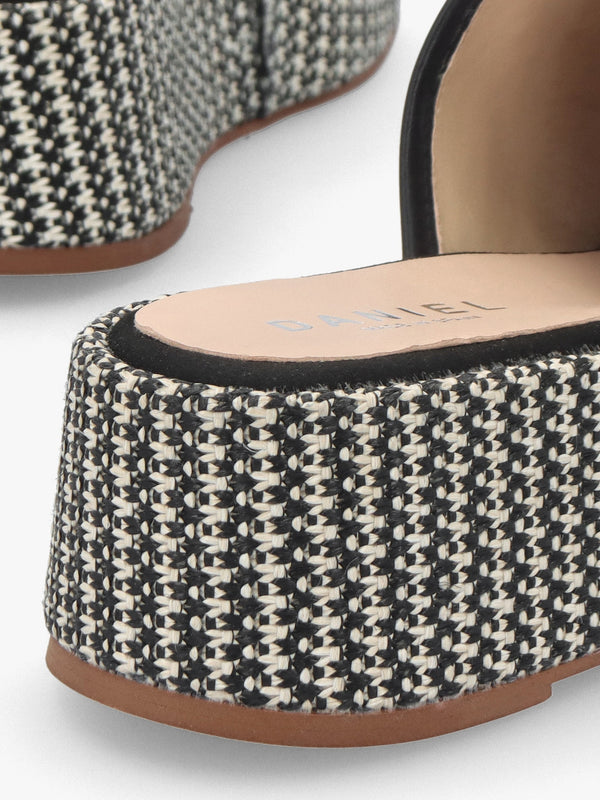Jono Black Monogram Woven Raffia Flatform Mules