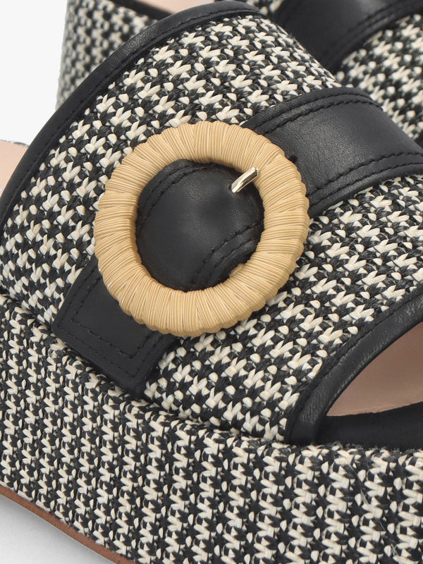 Jono Black Monogram Woven Raffia Flatform Mules