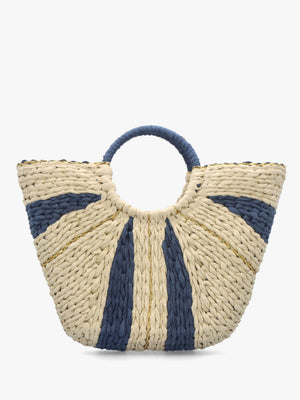 Cream & Blue Straw Woven Shopper Bag