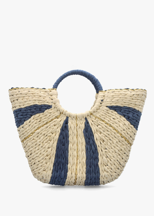Cream & Blue Straw Woven Shopper Bag