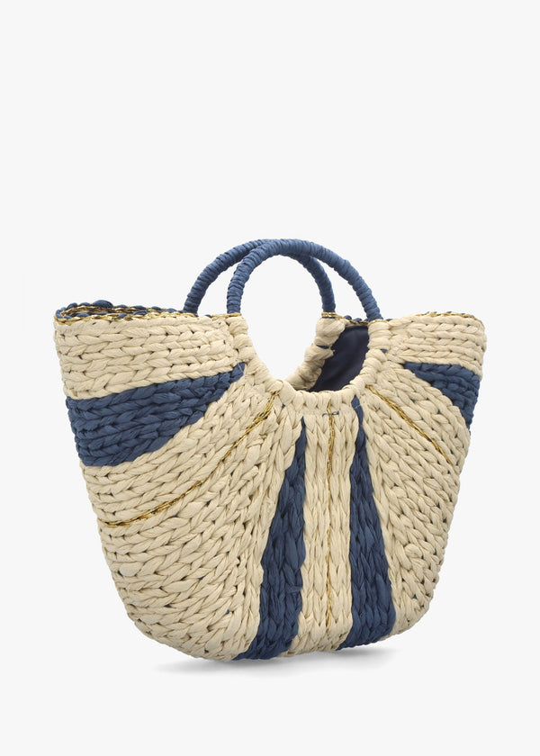 Cream & Blue Straw Woven Shopper Bag