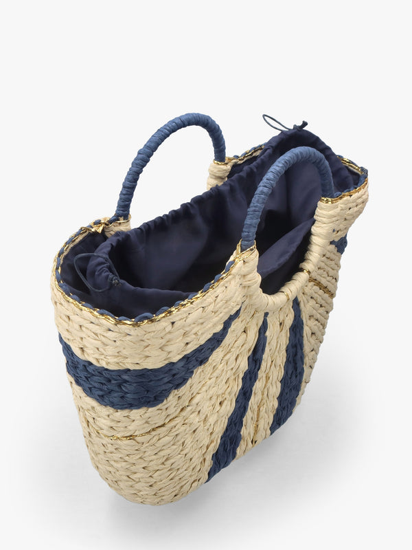 Cream & Blue Straw Woven Shopper Bag