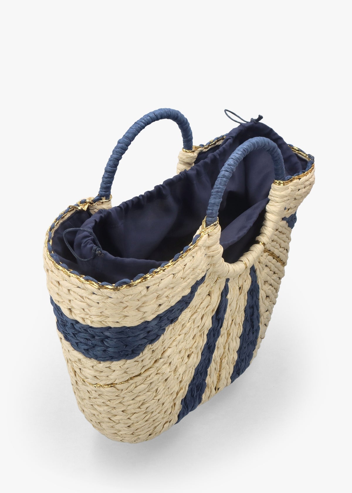Cream & Blue Straw Woven Shopper Bag