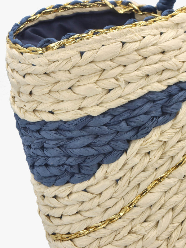 Cream & Blue Straw Woven Shopper Bag