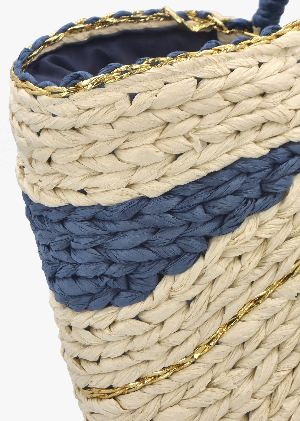 Cream & Blue Straw Woven Shopper Bag