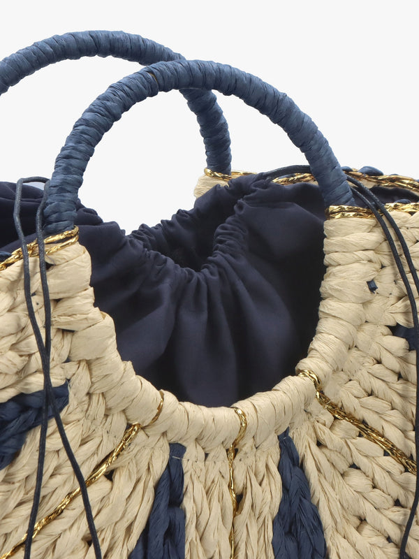 Cream & Blue Straw Woven Shopper Bag
