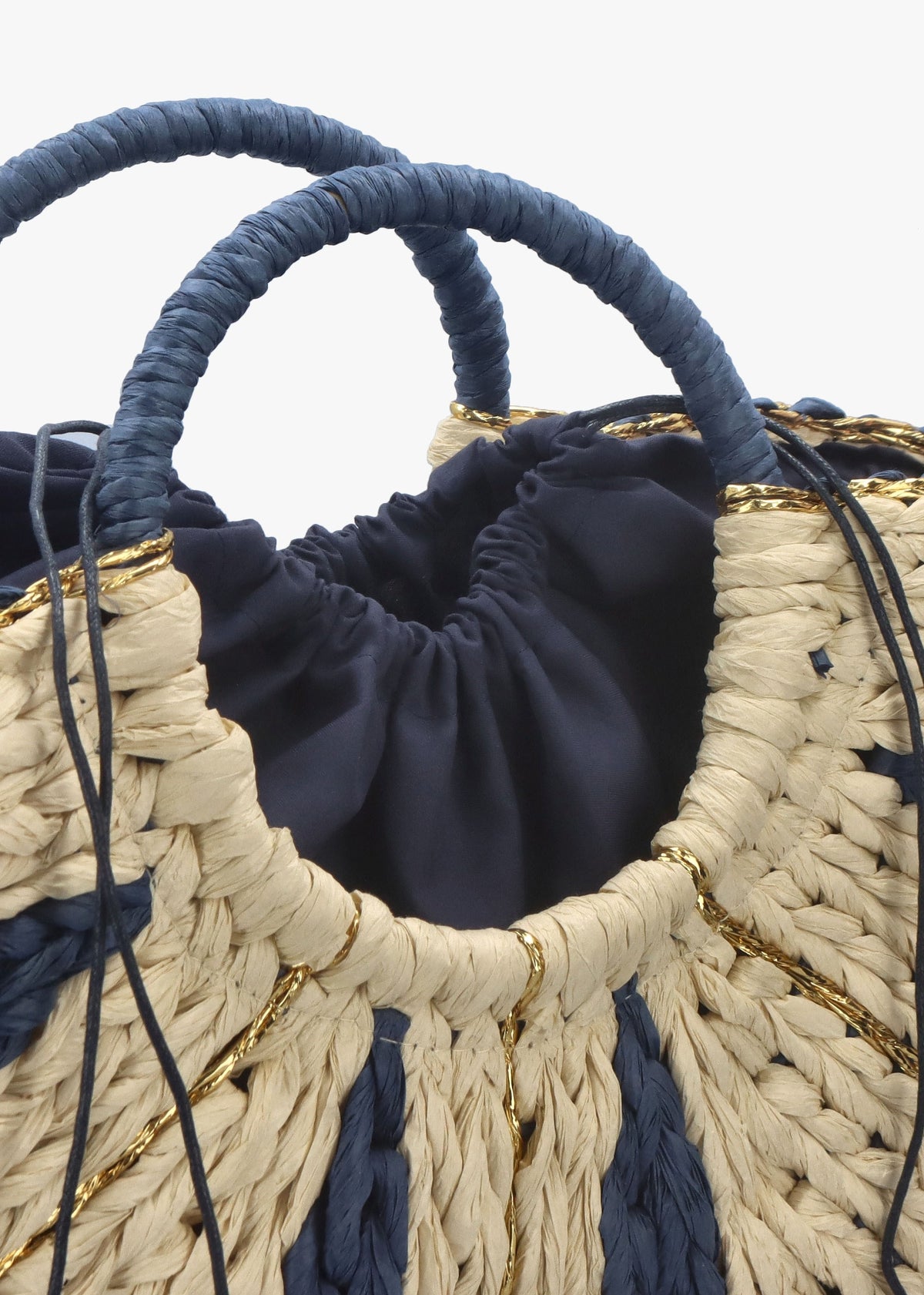 Cream & Blue Straw Woven Shopper Bag