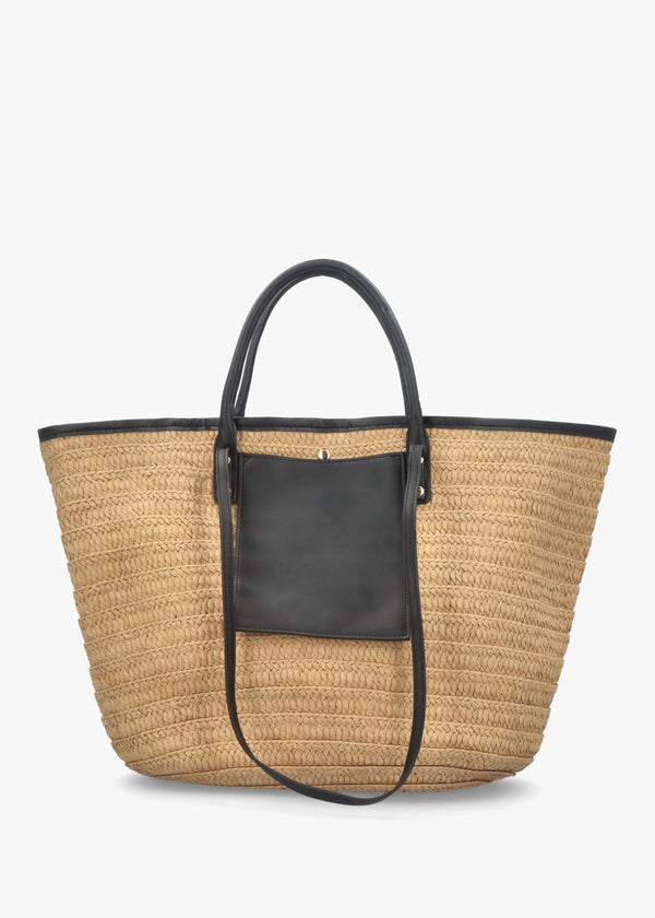 Beige & Black Woven Paper Bucket Shopper Bag