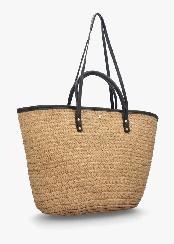 Beige & Black Woven Paper Bucket Shopper Bag