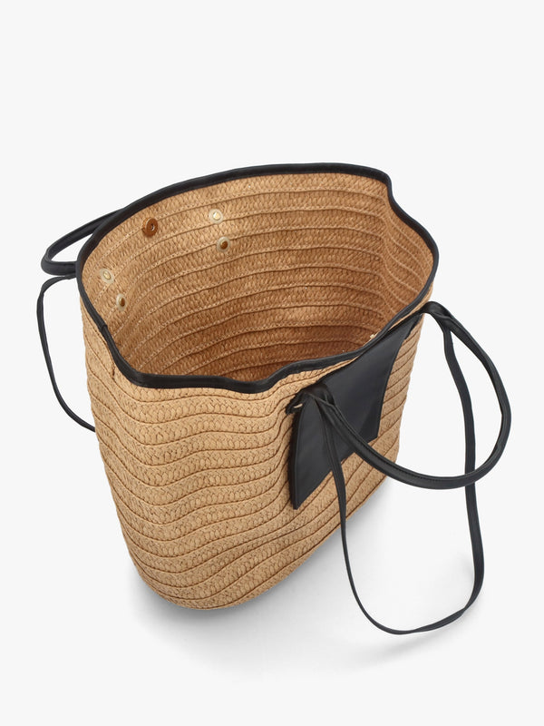 Beige & Black Woven Paper Bucket Shopper Bag