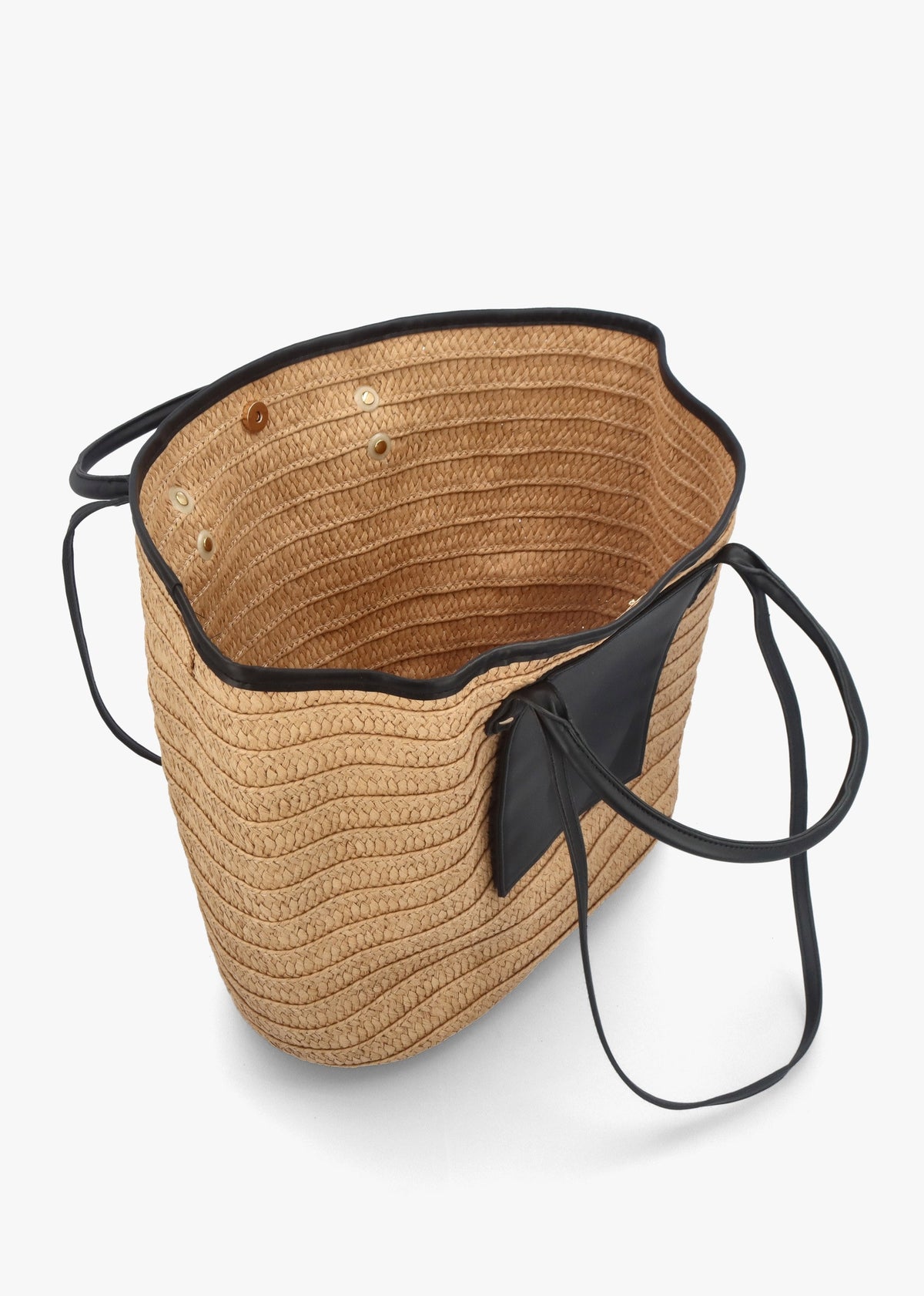 Beige & Black Woven Paper Bucket Shopper Bag