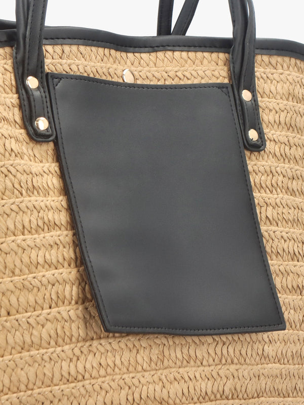 Beige & Black Woven Paper Bucket Shopper Bag