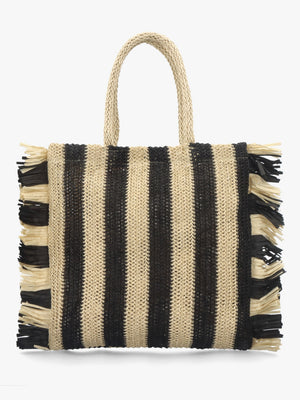 Black & Ecru Woven Straw Fringe Trim Shopper Bag