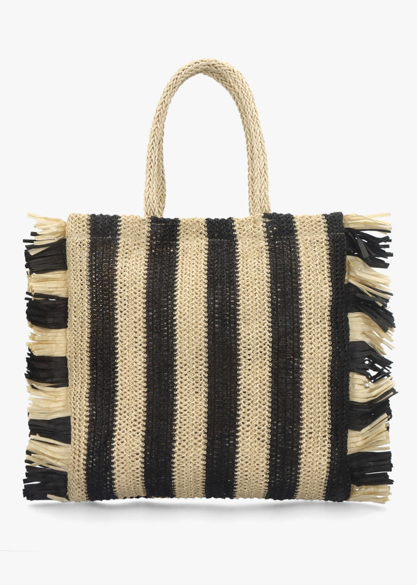 Black & Ecru Woven Straw Fringe Trim Shopper Bag