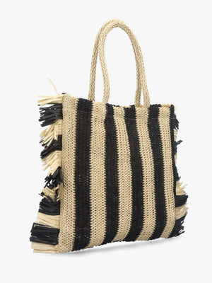 Black & Ecru Woven Straw Fringe Trim Shopper Bag