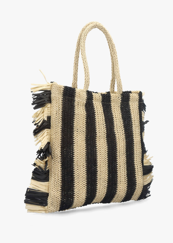 Black & Ecru Woven Straw Fringe Trim Shopper Bag