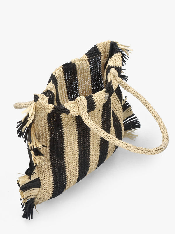 Black & Ecru Woven Straw Fringe Trim Shopper Bag