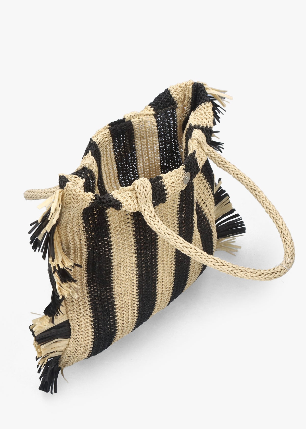 Black & Ecru Woven Straw Fringe Trim Shopper Bag