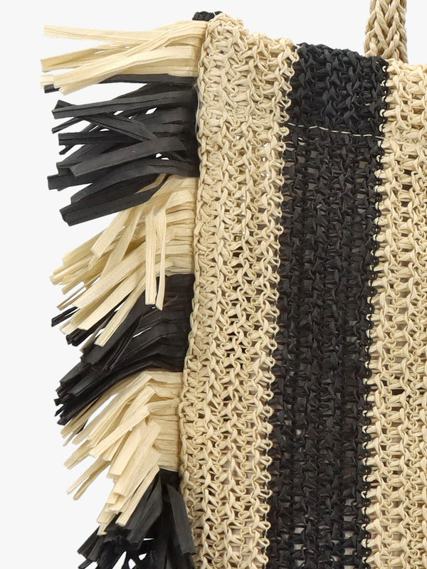 Black & Ecru Woven Straw Fringe Trim Shopper Bag
