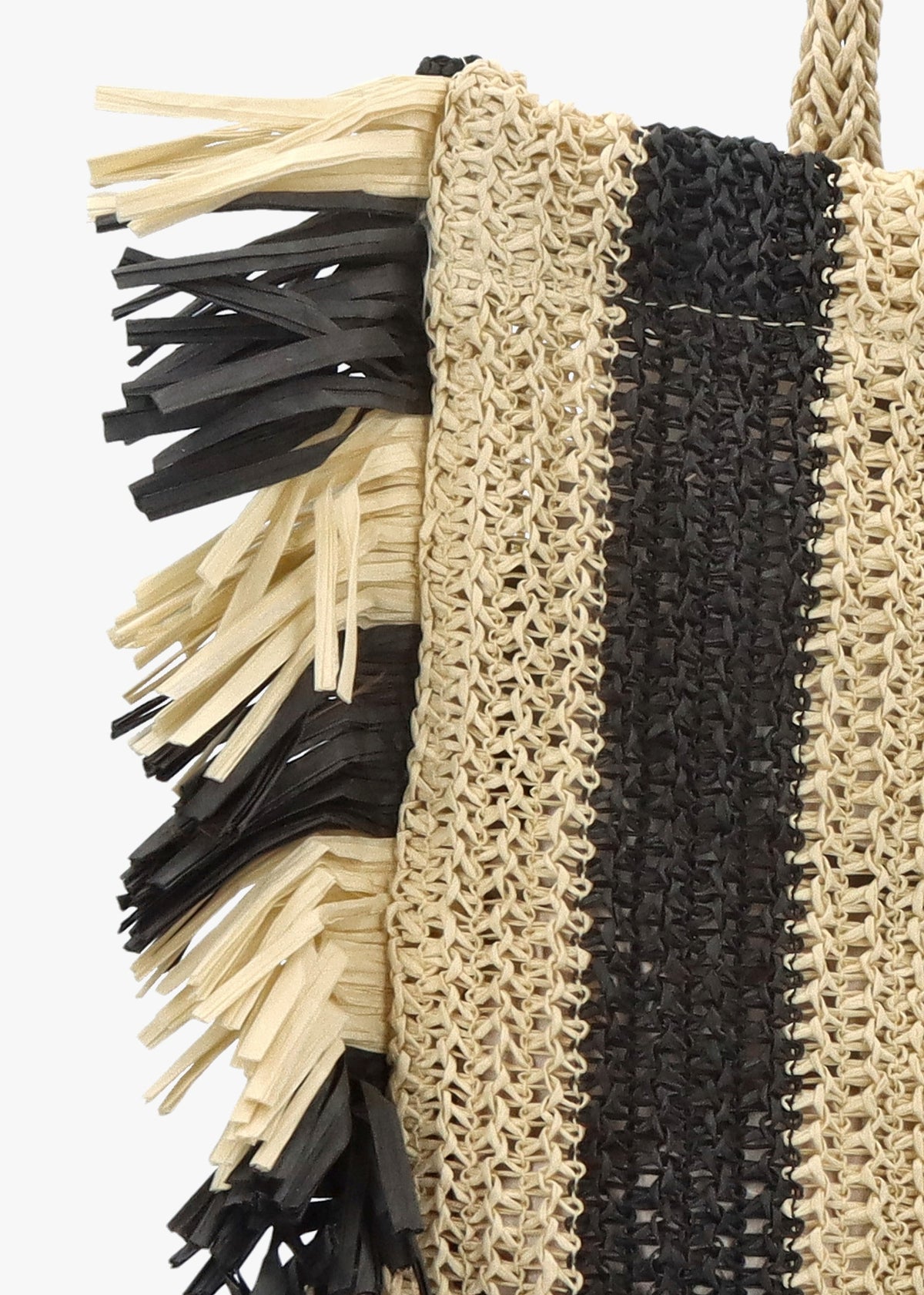 Black & Ecru Woven Straw Fringe Trim Shopper Bag