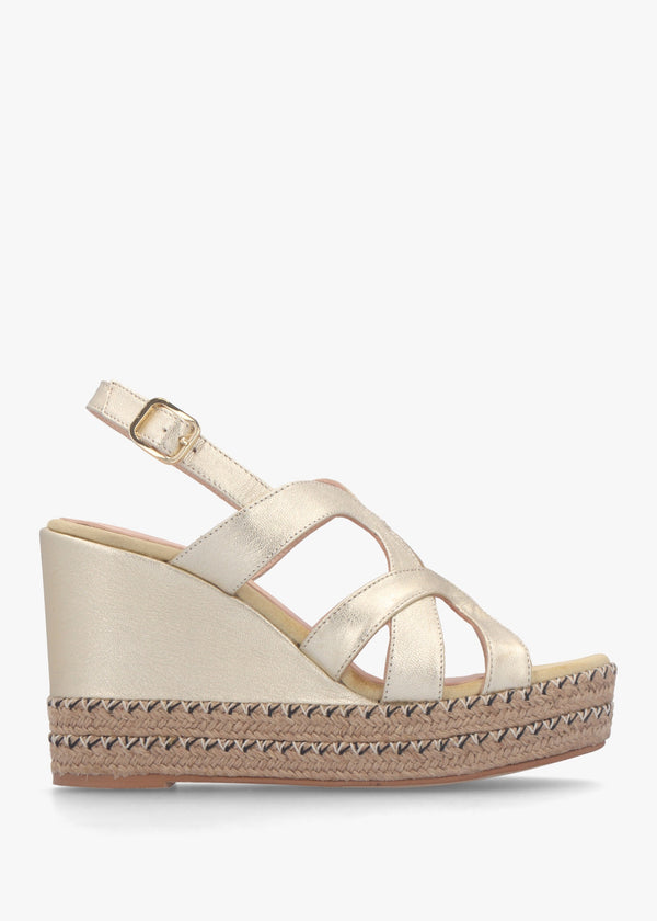Josie Gold Leather Espadrille Wedge Sandals