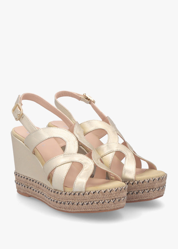 Josie Gold Leather Espadrille Wedge Sandals