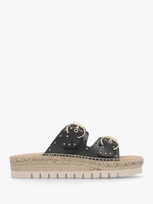 Jools Black Leather Studded Flatform Espadrille Mules