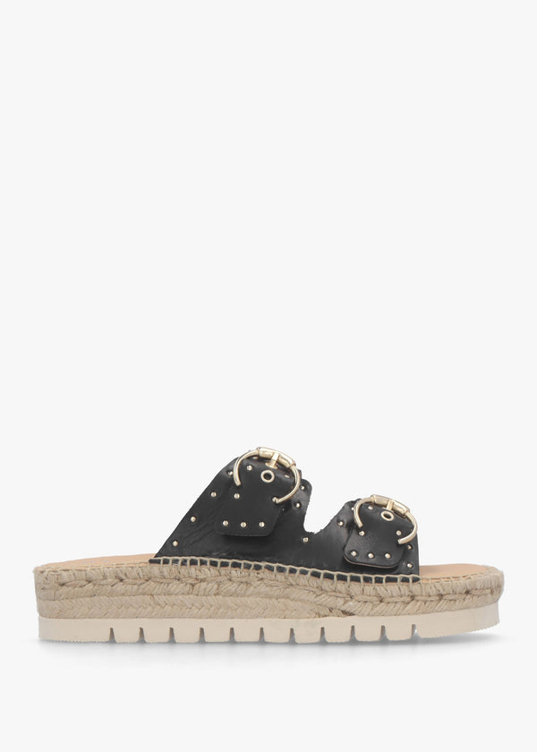 Jools Black Leather Studded Flatform Espadrille Mules
