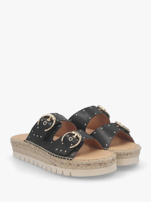 Jools Black Leather Studded Flatform Espadrille Mules