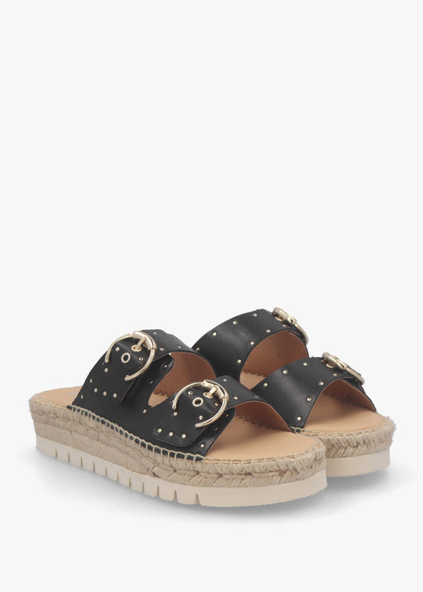 Jools Black Leather Studded Flatform Espadrille Mules