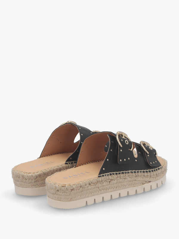 Jools Black Leather Studded Flatform Espadrille Mules
