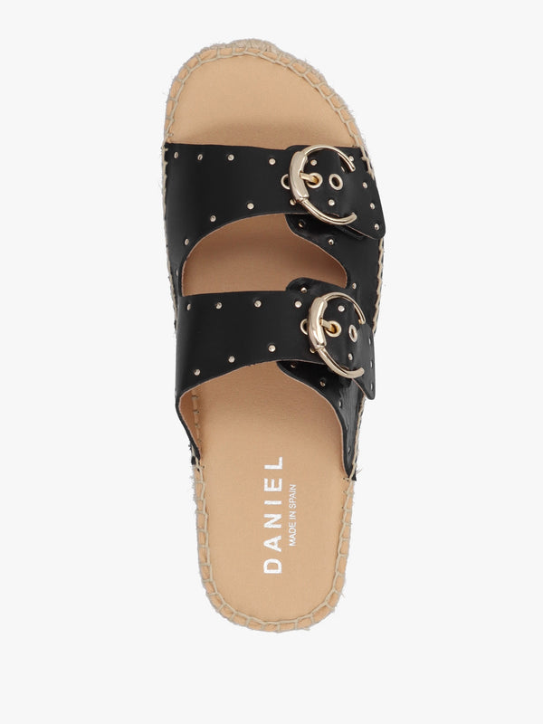 Jools Black Leather Studded Flatform Espadrille Mules