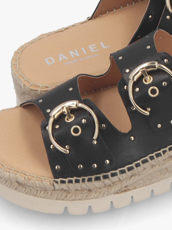 Jools Black Leather Studded Flatform Espadrille Mules