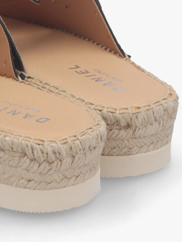Jools Black Leather Studded Flatform Espadrille Mules
