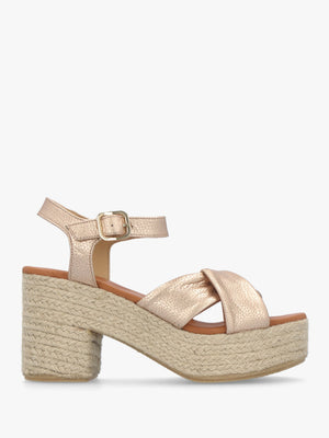Jelly Rose Gold Leather Cross Strap Jute Block Heel Sandals