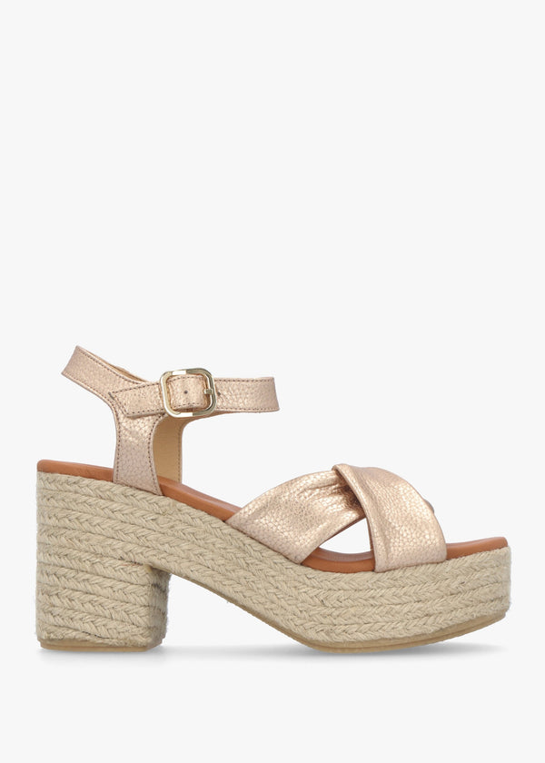 Jelly Rose Gold Leather Cross Strap Jute Block Heel Sandals