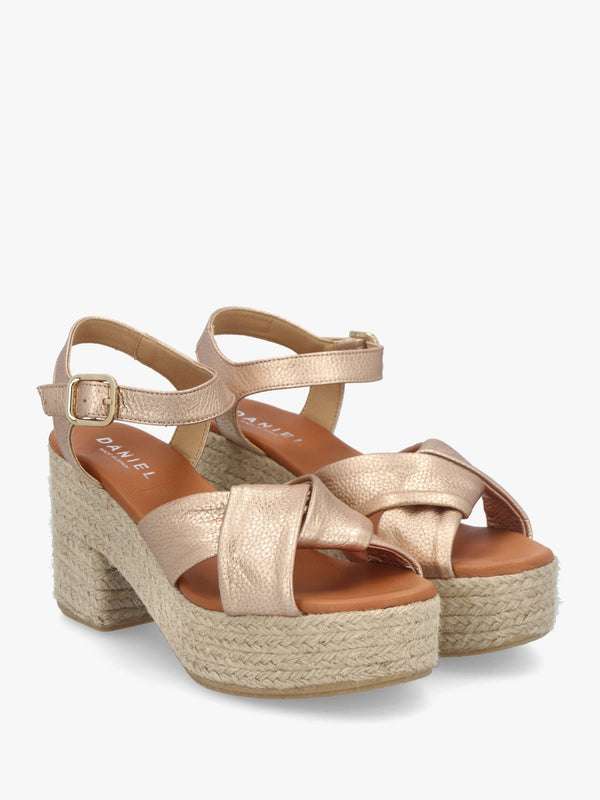 Jelly Rose Gold Leather Cross Strap Jute Block Heel Sandals
