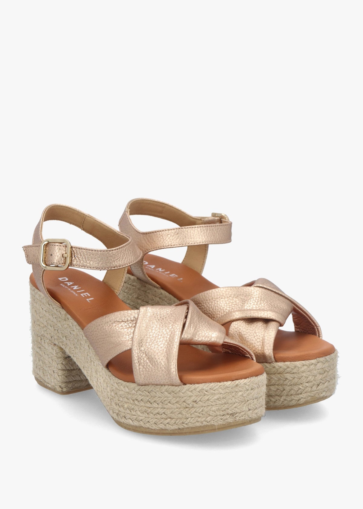 Jelly Rose Gold Leather Cross Strap Jute Block Heel Sandals