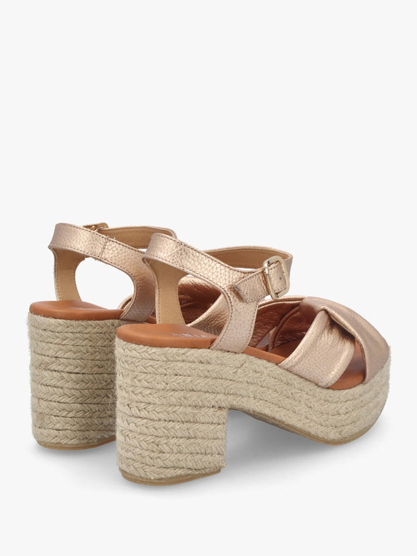 Jelly Rose Gold Leather Cross Strap Jute Block Heel Sandals
