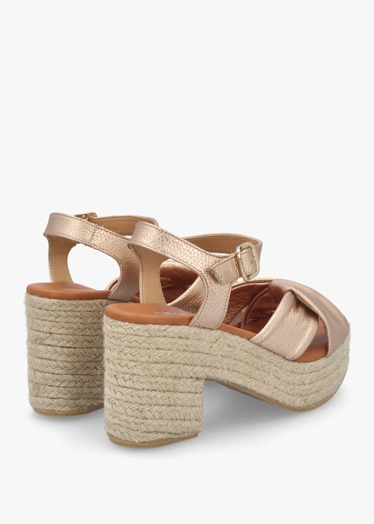 Jelly Rose Gold Leather Cross Strap Jute Block Heel Sandals